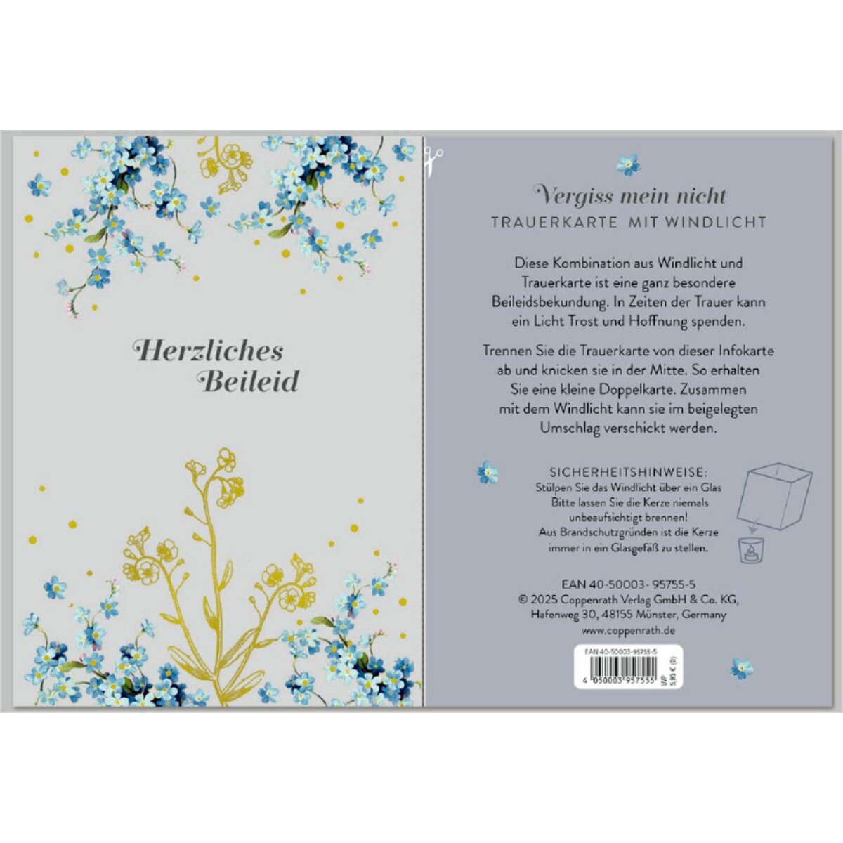 Coppenrath Verlag Windlicht-Trauerkarten Vergiss mein nicht, 1 Stück, 2-fach sortiert
