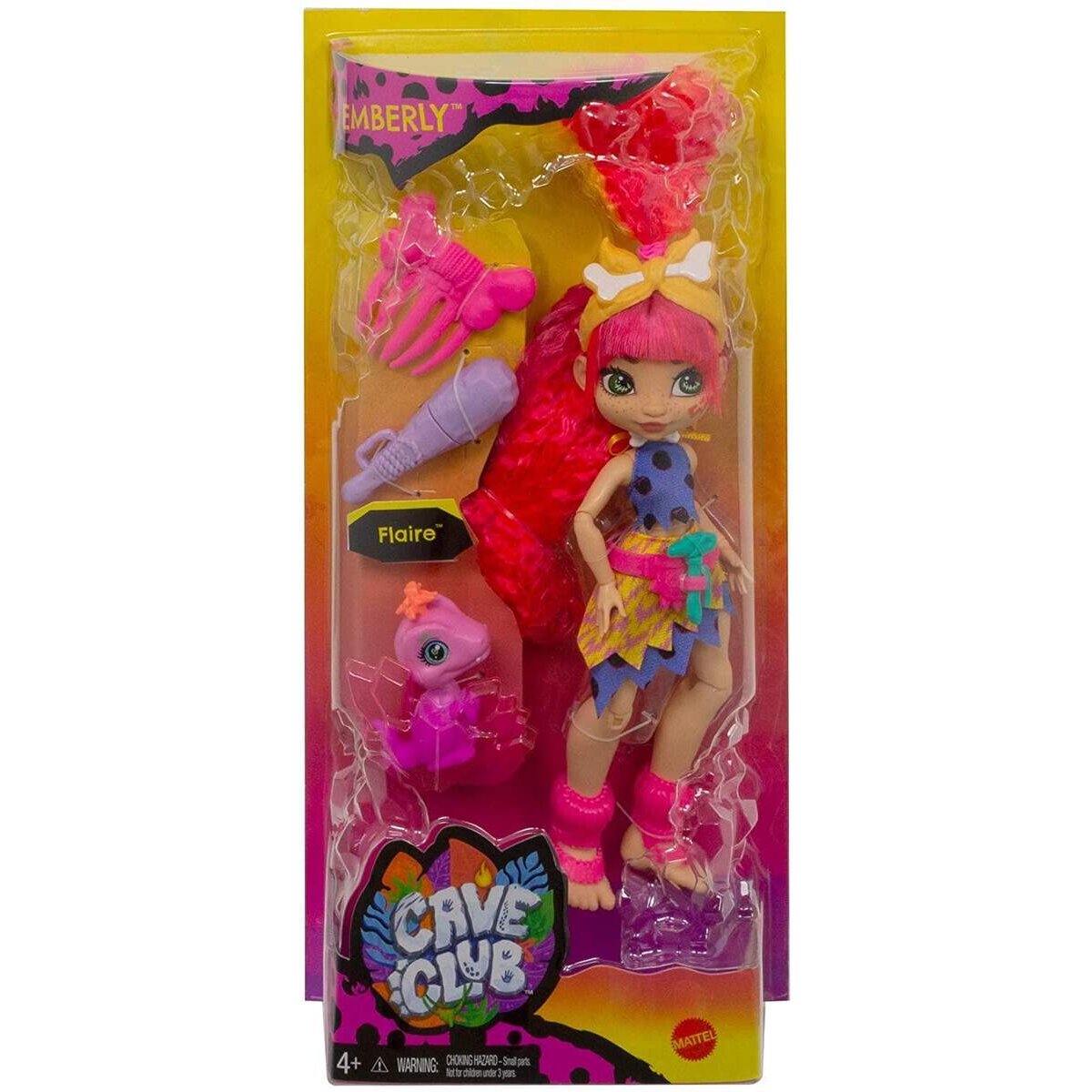 Mattel Cave Club Emberly Puppe (25 cm), prähistorische Modepuppe mit Haus-Dinosaurier