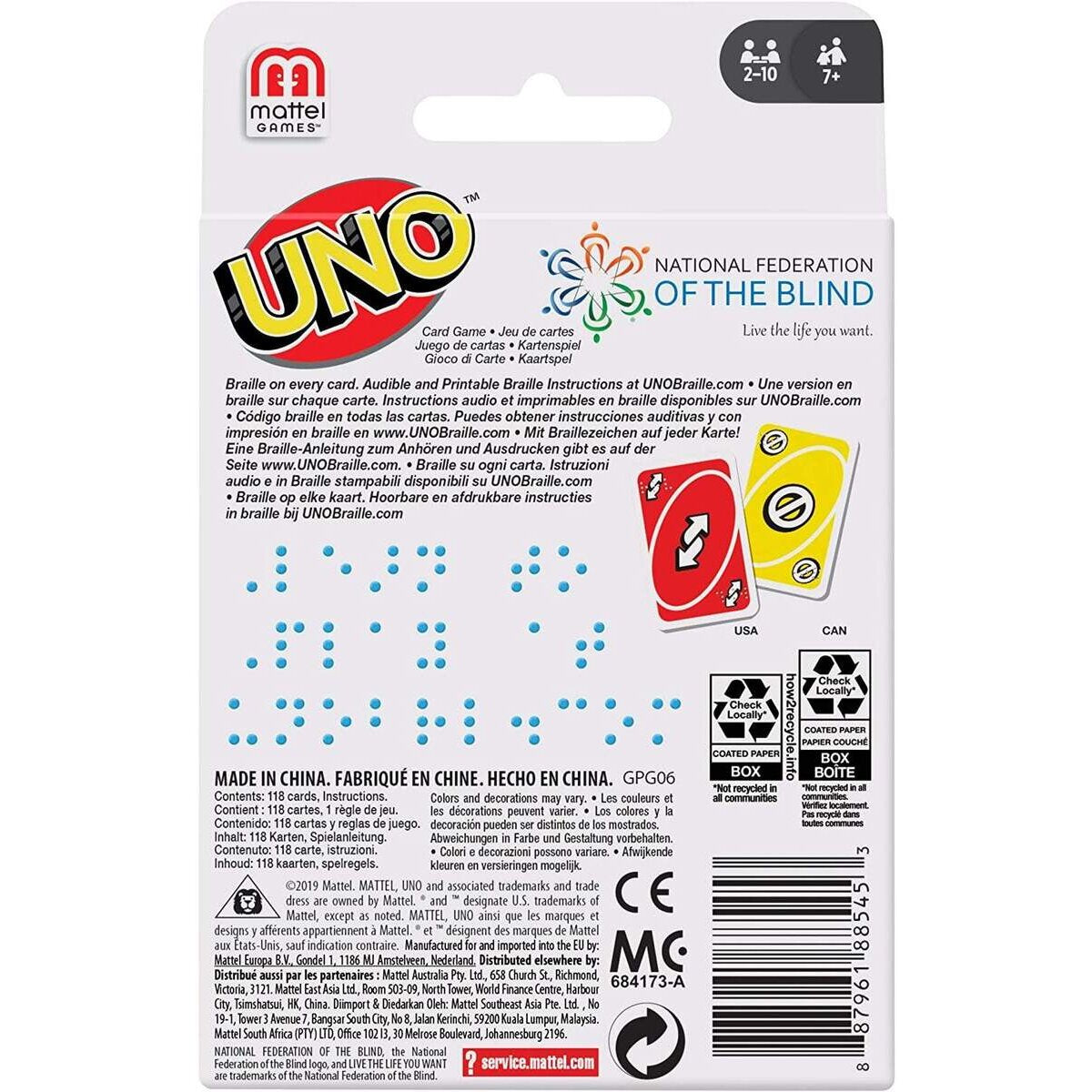 Mattel Games UNO Braille, Kartenspiel für die ganze Familie, für blinde und sehbehinderte Spieler