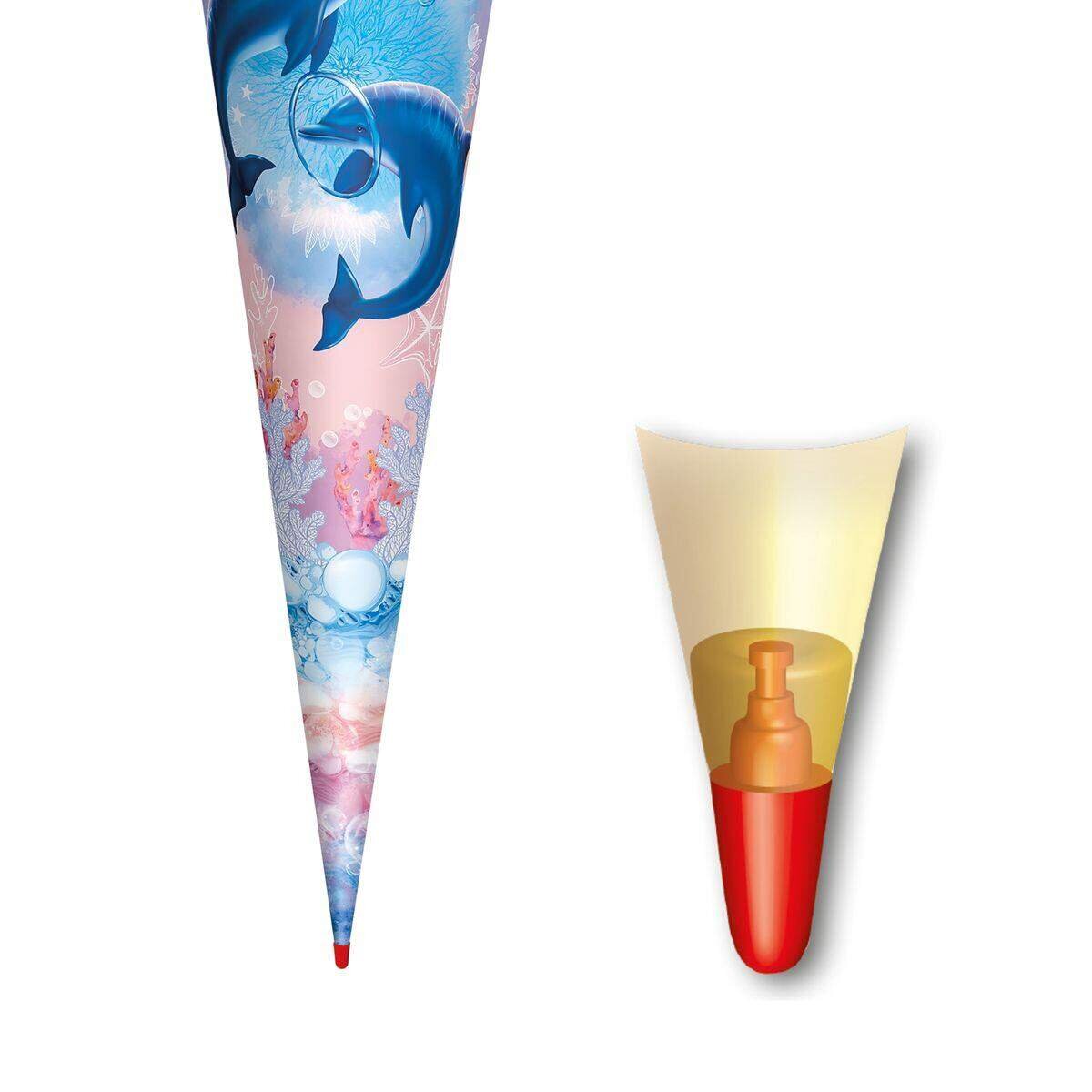 Roth Motiv-Schultüte, Delfine, 70cm, rund, Rot(h)-Spitze, Filzverschluss