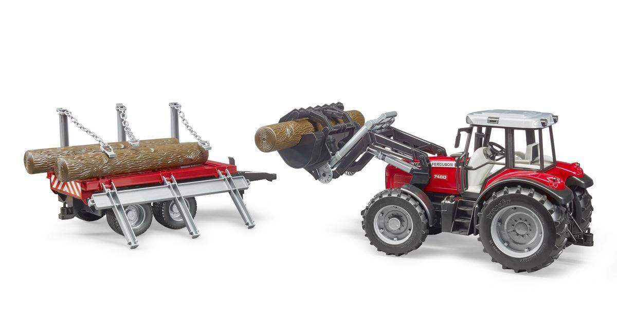 BRUDER® 2046 Massey Ferguson mit Frontlader und Holztransportanhänger und 3 Baumstämmen