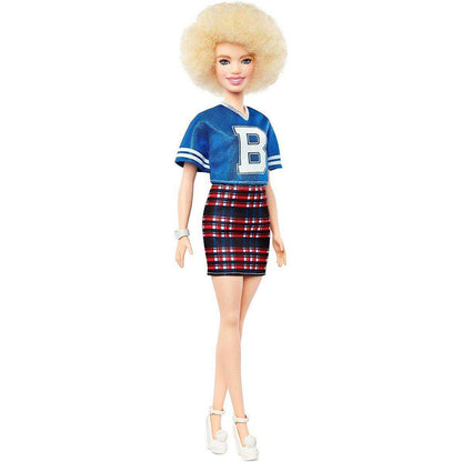 Barbie Fashionistas Puppe im blauen Glitzeroberteil und Rock, mit Karomuster
