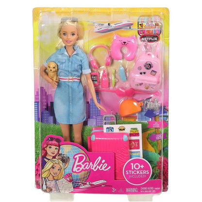 Barbie Reise Puppe mit blonden Haaren inkl. Reisezubehör und Hündchen