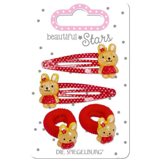 Die Spiegelburg Haarclip + Haargummi Hase rot + rosa beautiful Stars, sort.: 1 Stück, 2-fach