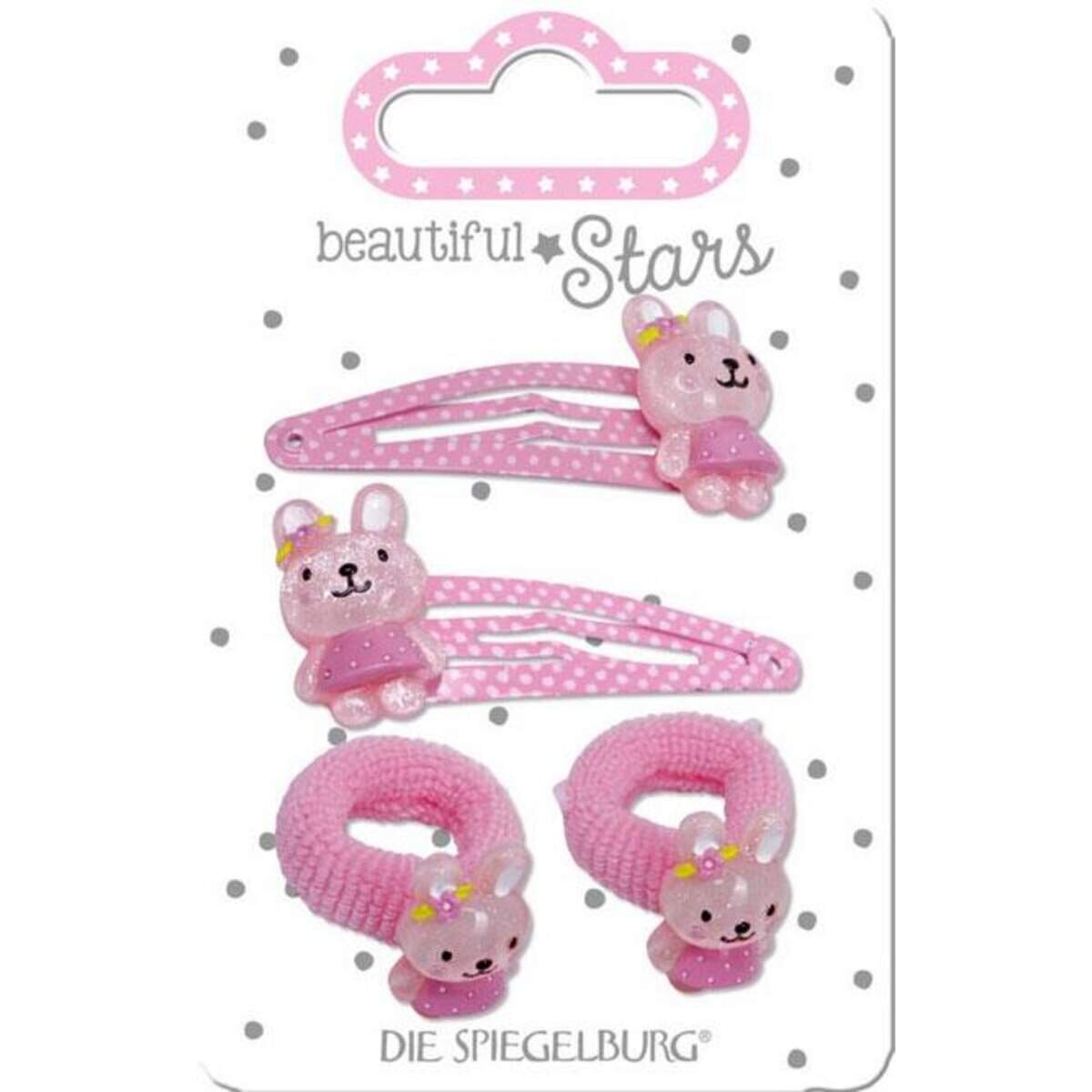 Die Spiegelburg Haarclip + Haargummi Hase rot + rosa beautiful Stars, sort.: 1 Stück, 2-fach