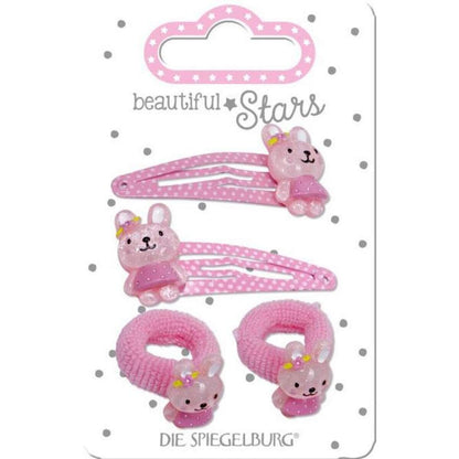 Die Spiegelburg Haarclip + Haargummi Hase rot + rosa beautiful Stars, sort.: 1 Stück, 2-fach