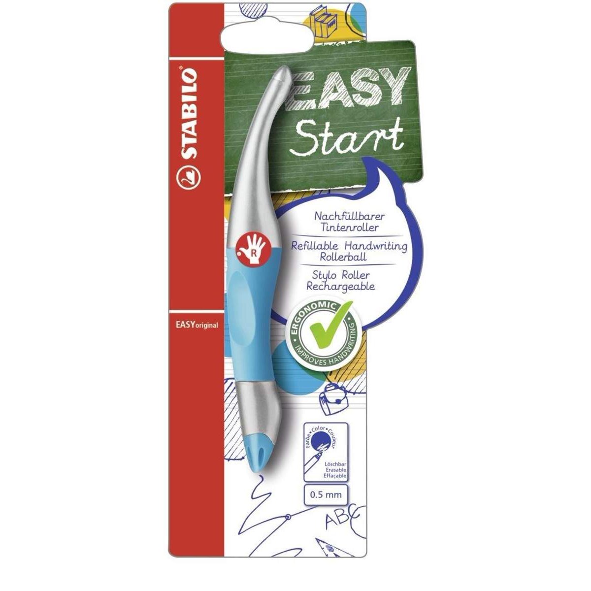 Ergonomischer Tintenroller für Rechtshänder - STABILO EASYoriginal metallic in neonblau/metallic - Einzelstift - Schreibfarbe blau (löschbar) - inklusive Patrone