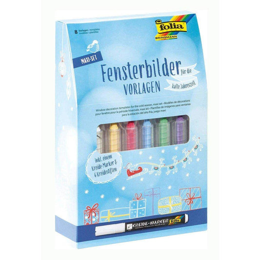 Folia Maxi Set Fensterbilder für die kalte Jahreszeit, inklusive 8 Malvorlagen, 1 Kreidemarker und 6 Kreidestiften