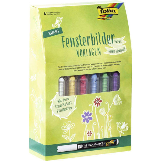 Folia Maxi Set Fensterbilder für die warme Jahreszeit, inklusive 8 Malvorlagen, 1 Kreidemarker und 6 Kreidestiften