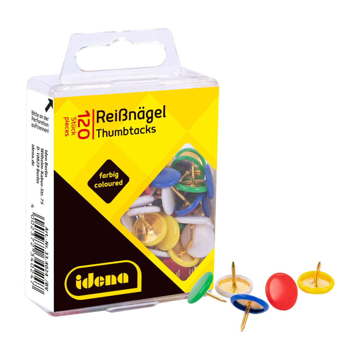 Idena Reißnägel 120 Stück aus Metall mit Kunststoffüberzug bunt