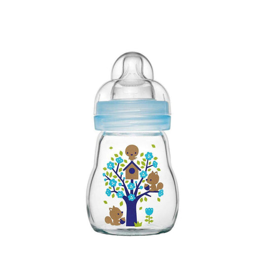MAM Feel Good Premium Glasflasche 170 ml mit Sauger Größe 1, Blau
