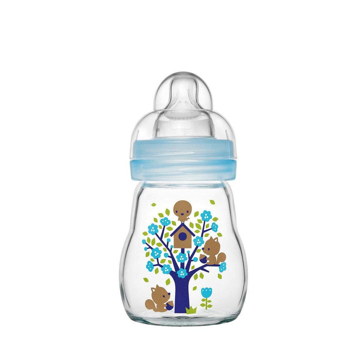 MAM Feel Good Premium Glasflasche 170 ml mit Sauger Größe 1, Blau