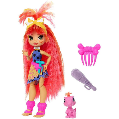 Mattel Cave Club Emberly Puppe (25 cm), prähistorische Modepuppe mit Haus-Dinosaurier