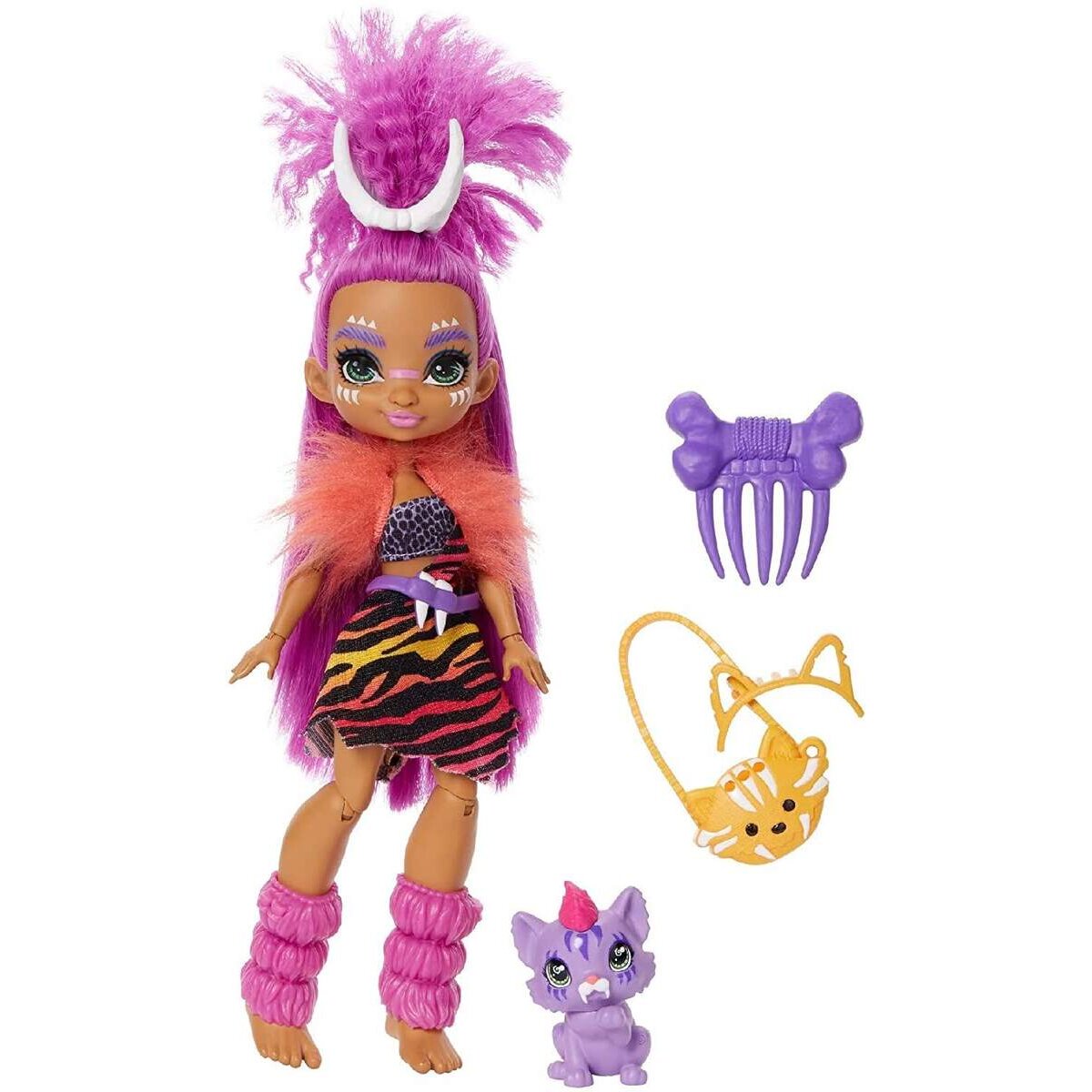 Mattel Cave Club Roaralai Puppe (25 cm), prähistorische Modepuppe mit Haus-Dinosaurier