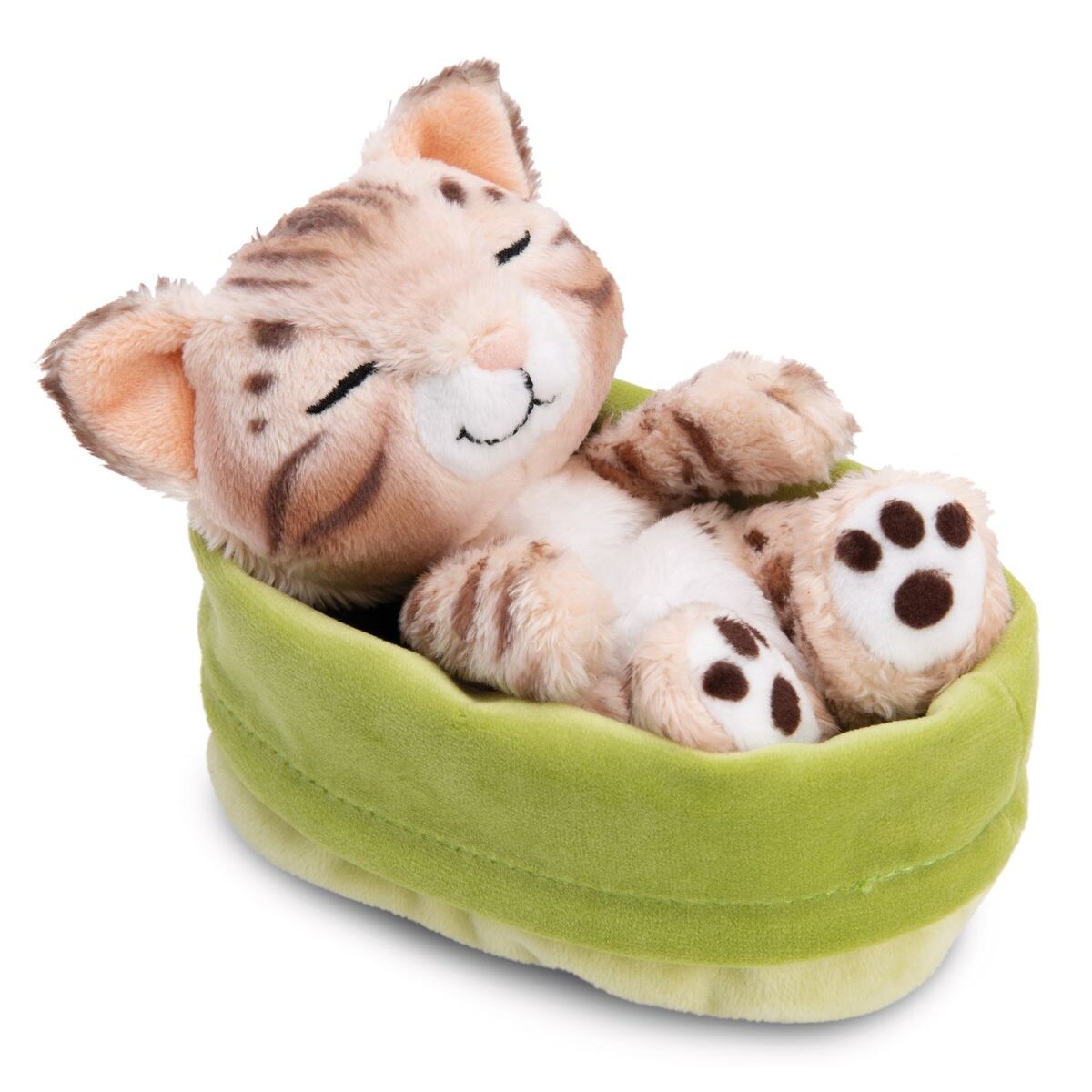 NICI Kuscheltier Katze Bengal 12cm schlafend im Körbchen hellgrün GREEN