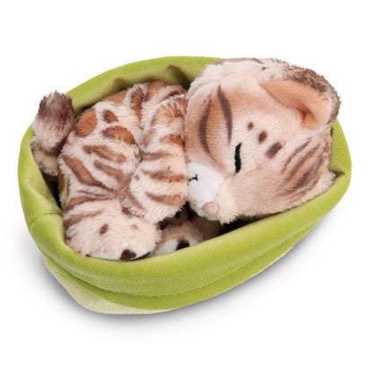 NICI Kuscheltier Katze Bengal 12cm schlafend im Körbchen hellgrün GREEN