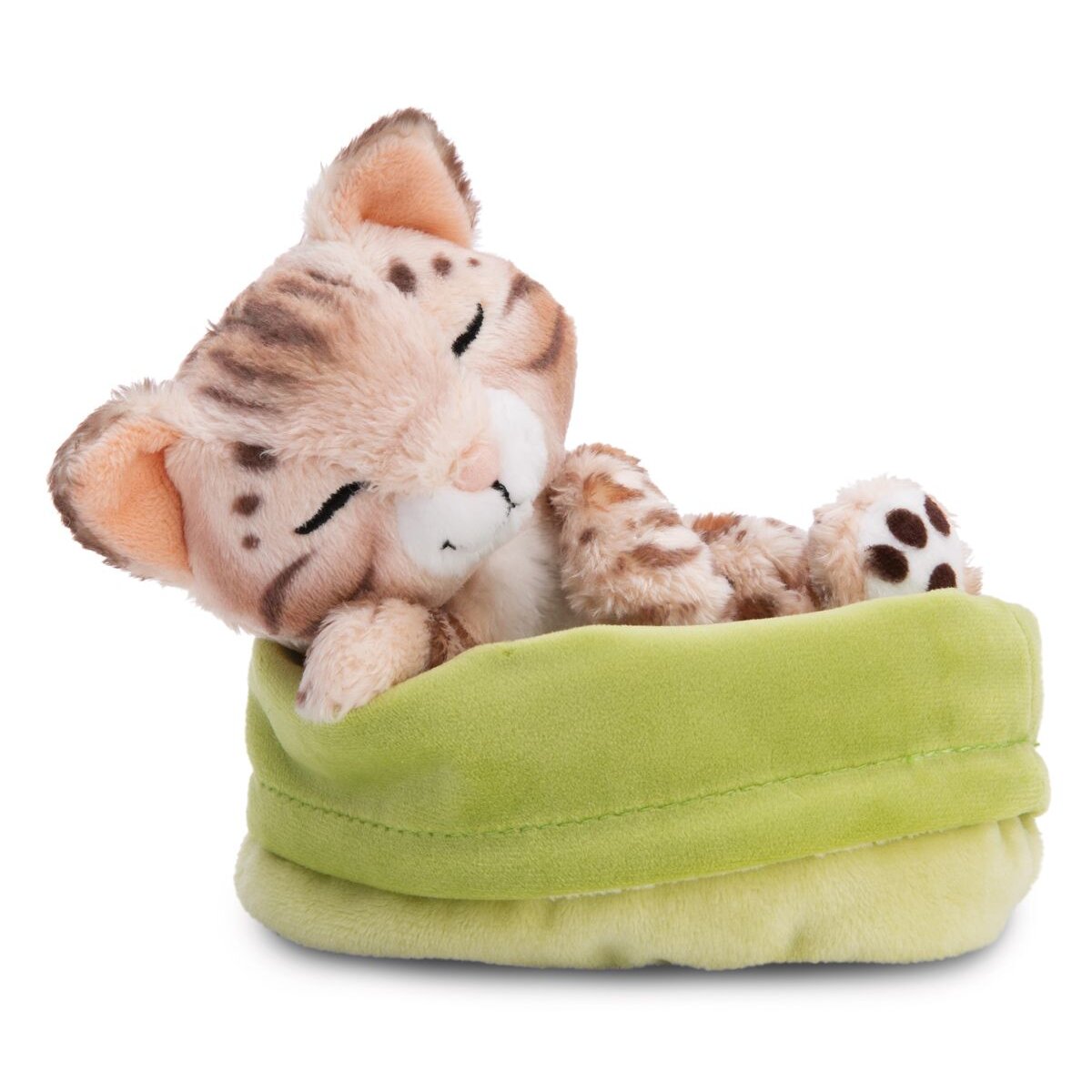 NICI Kuscheltier Katze Bengal 12cm schlafend im Körbchen hellgrün GREEN