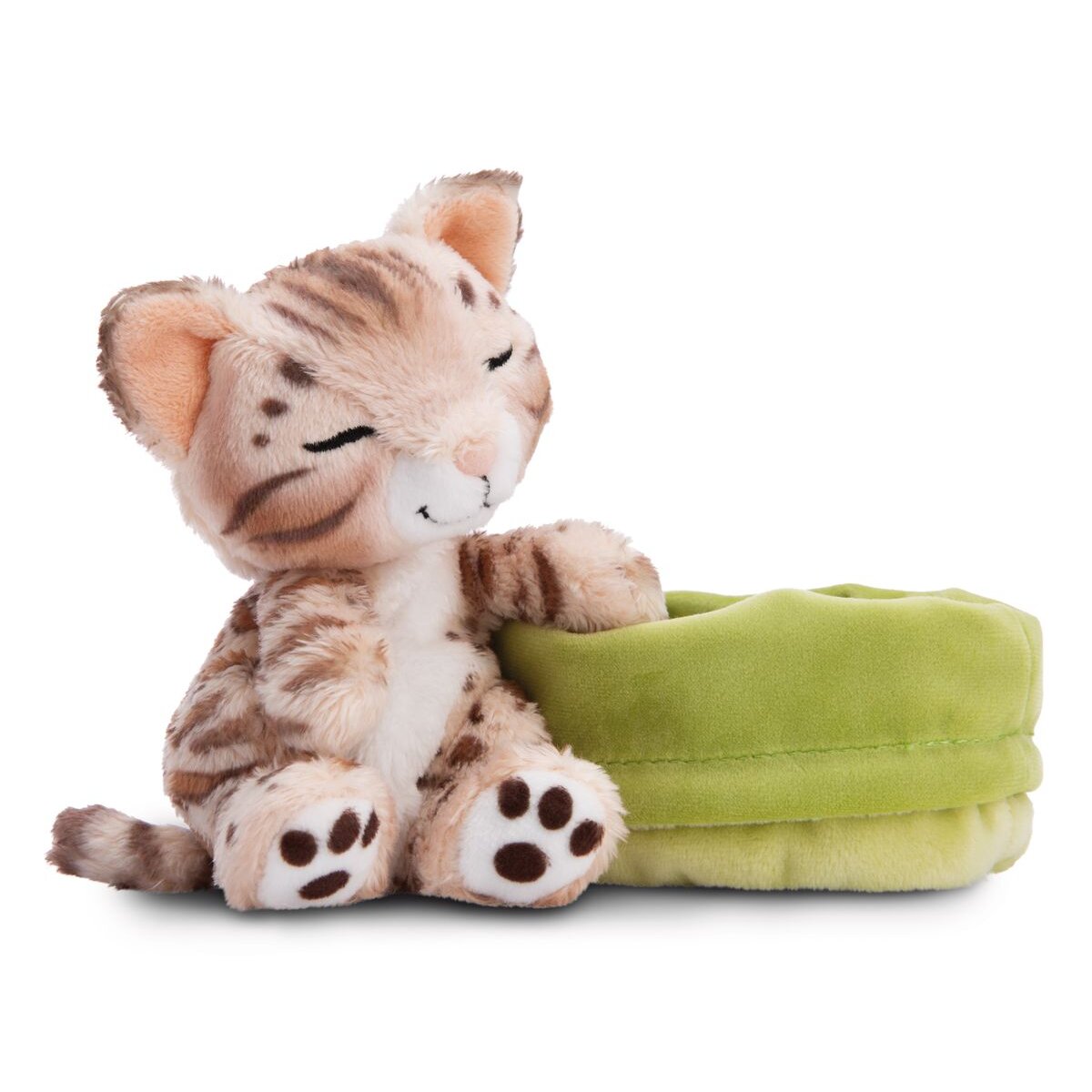 NICI Kuscheltier Katze Bengal 12cm schlafend im Körbchen hellgrün GREEN
