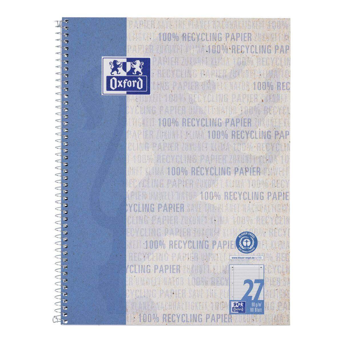 Oxford Recycling Collegeblock A4+, 80 Blatt, liniert mit Doppelrand, 90 g/m², 4fach gelocht, Optik Paper®