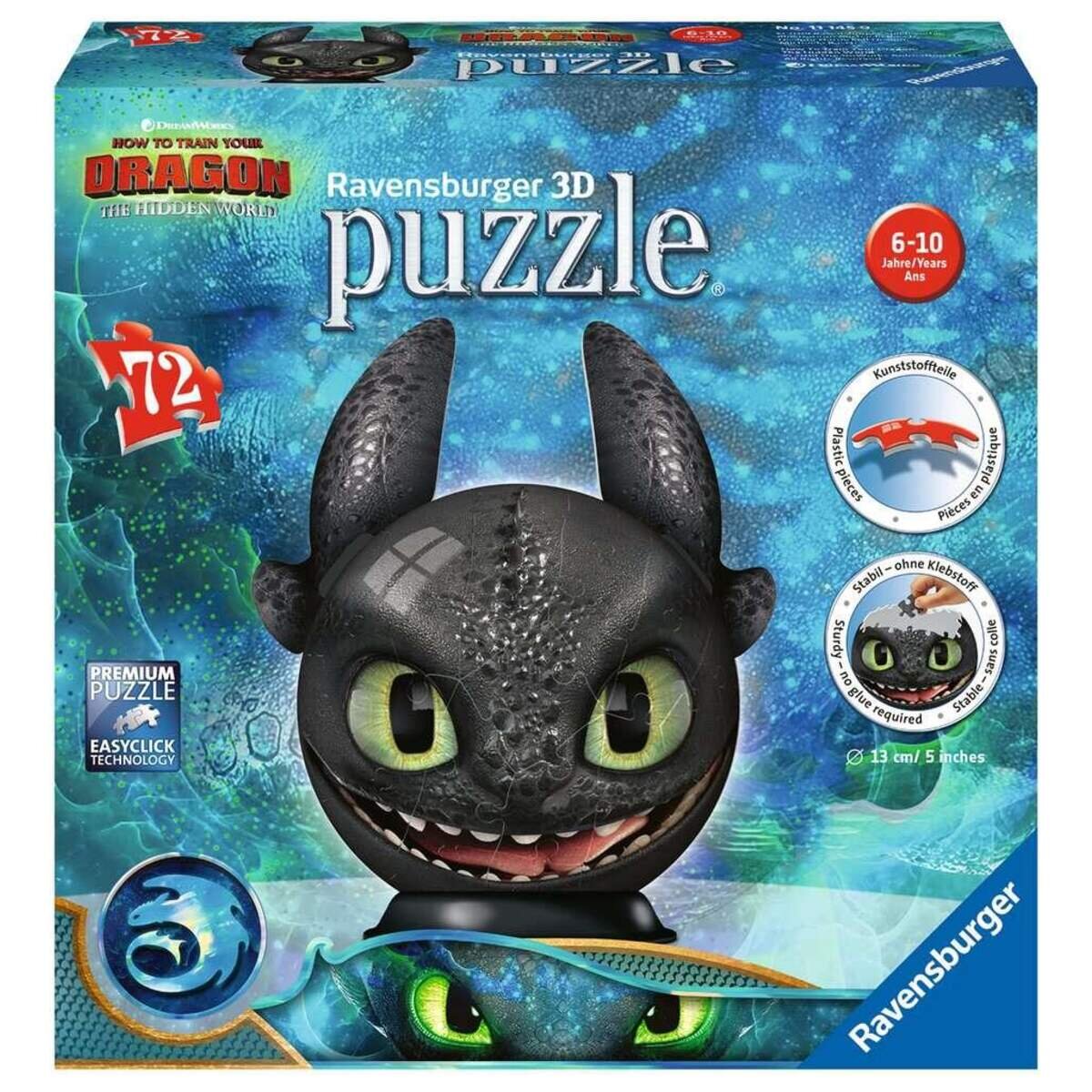 Ravensburger 3D Puzzle Dragons 3 Ohnezahn mit Ohren, 72 Teile