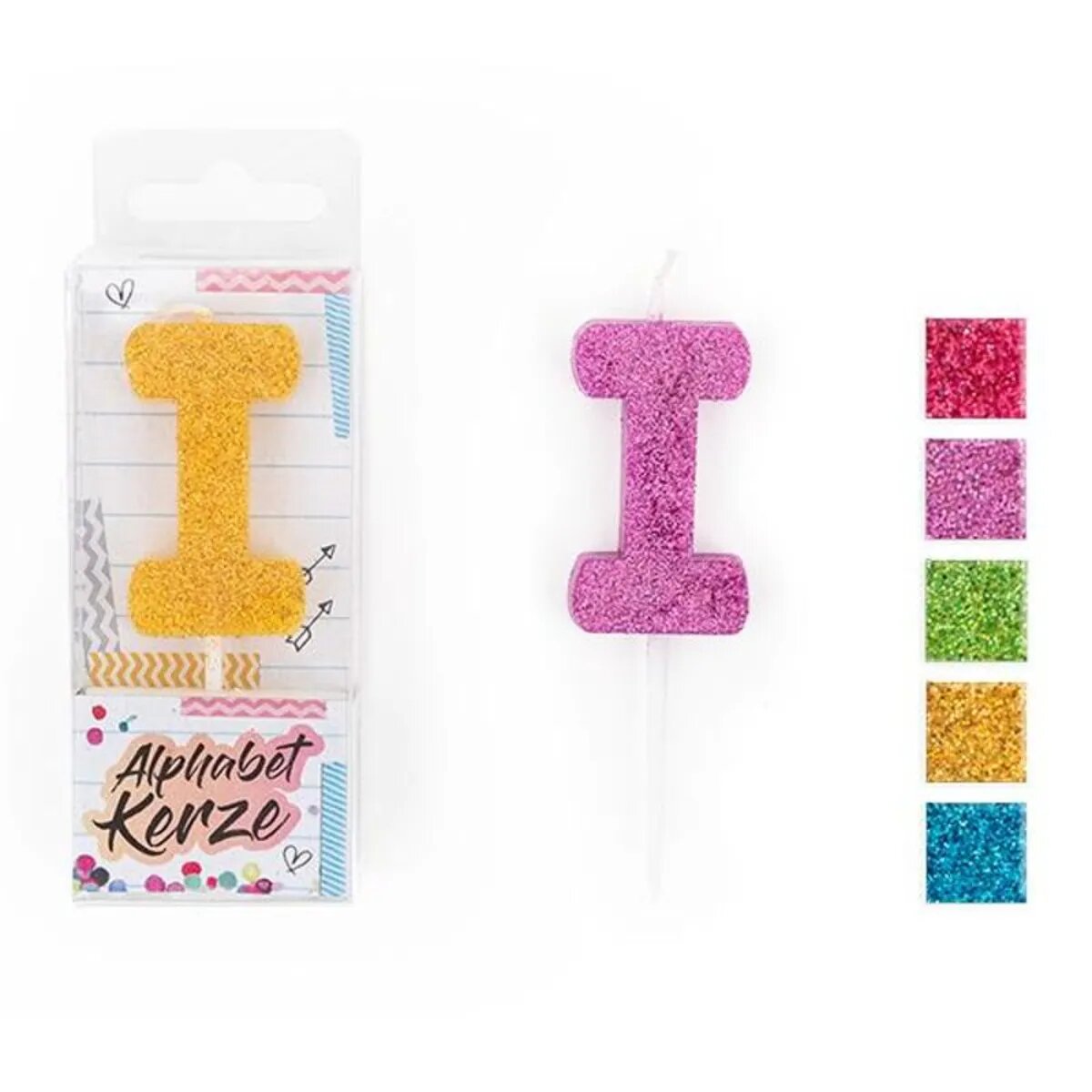 Trendhaus FESTIVAL FEELINGS Alphabet Kerze Glitzer I, 1 Stück, 5-fach sortiert