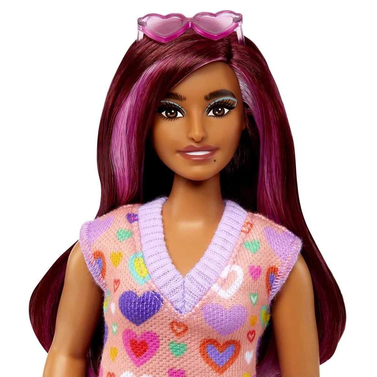Barbie Fashionistas Puppe mit pinkfarbenen Strähnen und Kleid mit Herzaufdruck