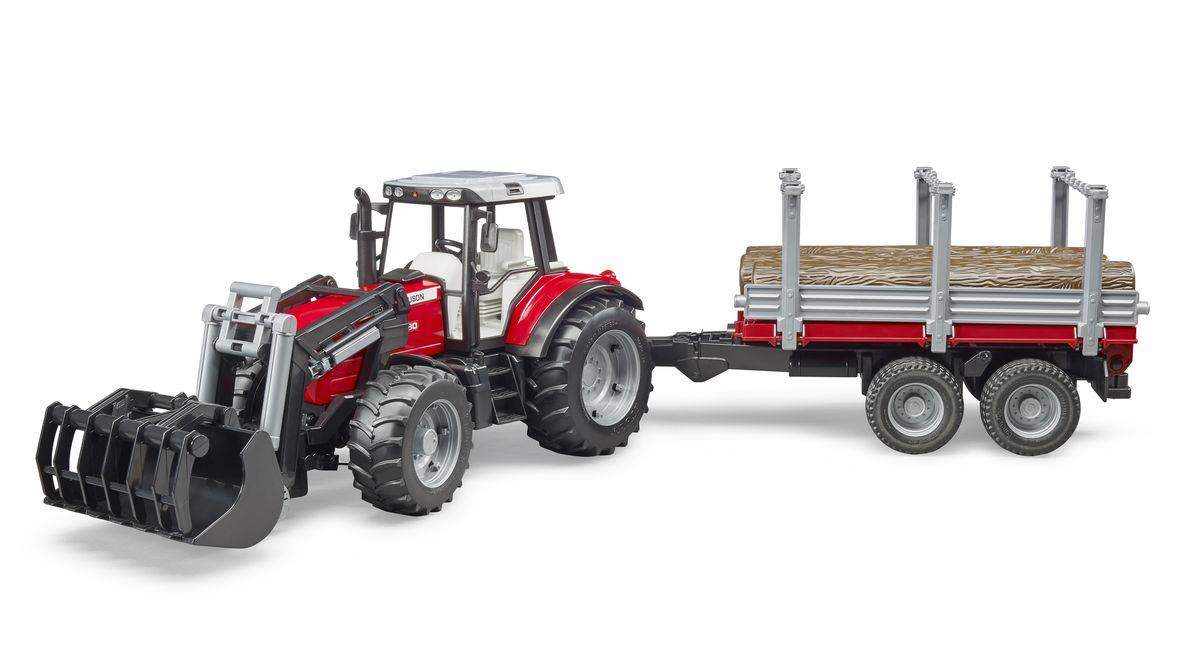 BRUDER® 2046 Massey Ferguson mit Frontlader und Holztransportanhänger und 3 Baumstämmen