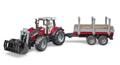 BRUDER® 2046 Massey Ferguson mit Frontlader und Holztransportanhänger und 3 Baumstämmen
