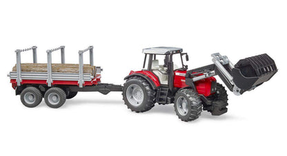 BRUDER® 2046 Massey Ferguson mit Frontlader und Holztransportanhänger und 3 Baumstämmen