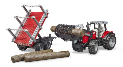 BRUDER® 2046 Massey Ferguson mit Frontlader und Holztransportanhänger und 3 Baumstämmen