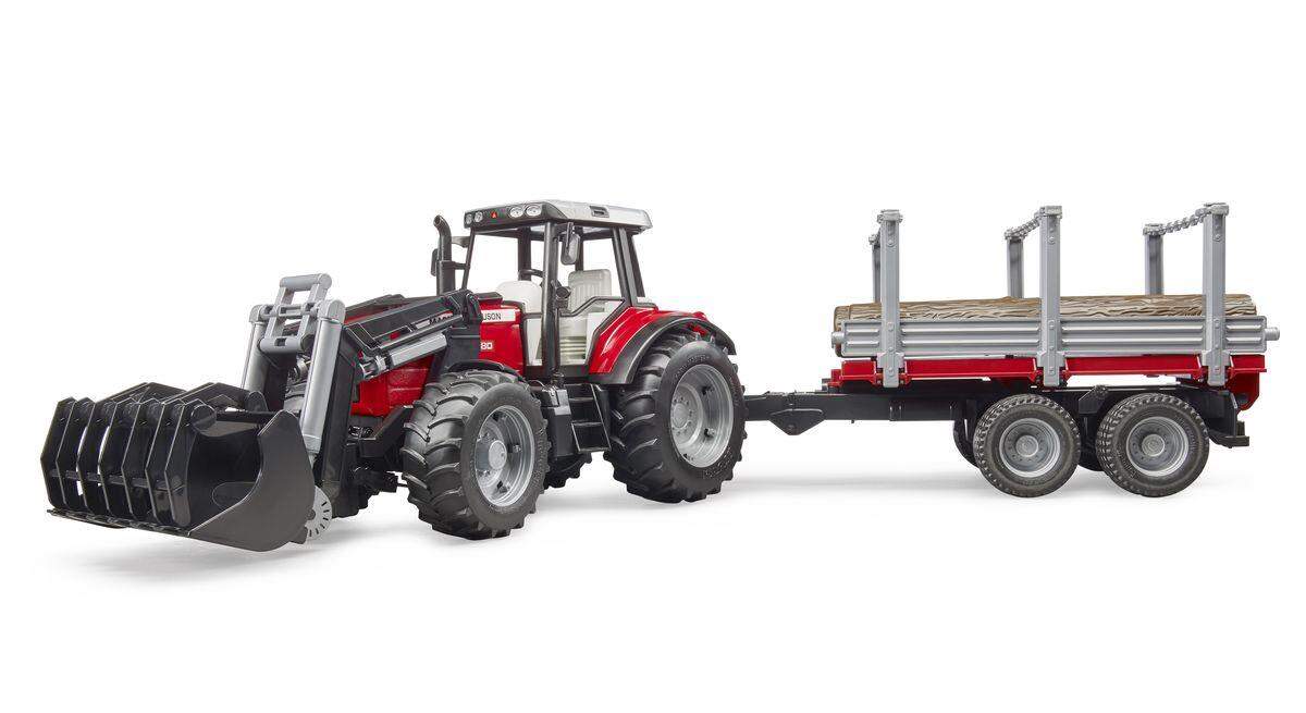 BRUDER® 2046 Massey Ferguson mit Frontlader und Holztransportanhänger und 3 Baumstämmen