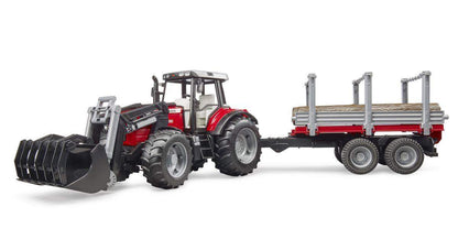 BRUDER® 2046 Massey Ferguson mit Frontlader und Holztransportanhänger und 3 Baumstämmen