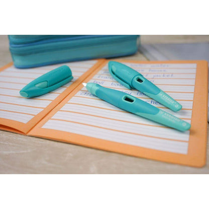 Ergonomischer Schulfüller für Rechtshänder mit Standard-Feder M - STABILO EASYbirdy Pastel Edition in aqua grün/mint - Einzelstift - inklusive Patrone und Einstellwerkzeug - Schreibfarbe blau (löschbar)