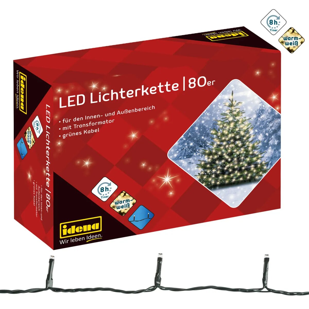 Idena LED Lichterkette, 80er warm weiß, für außen