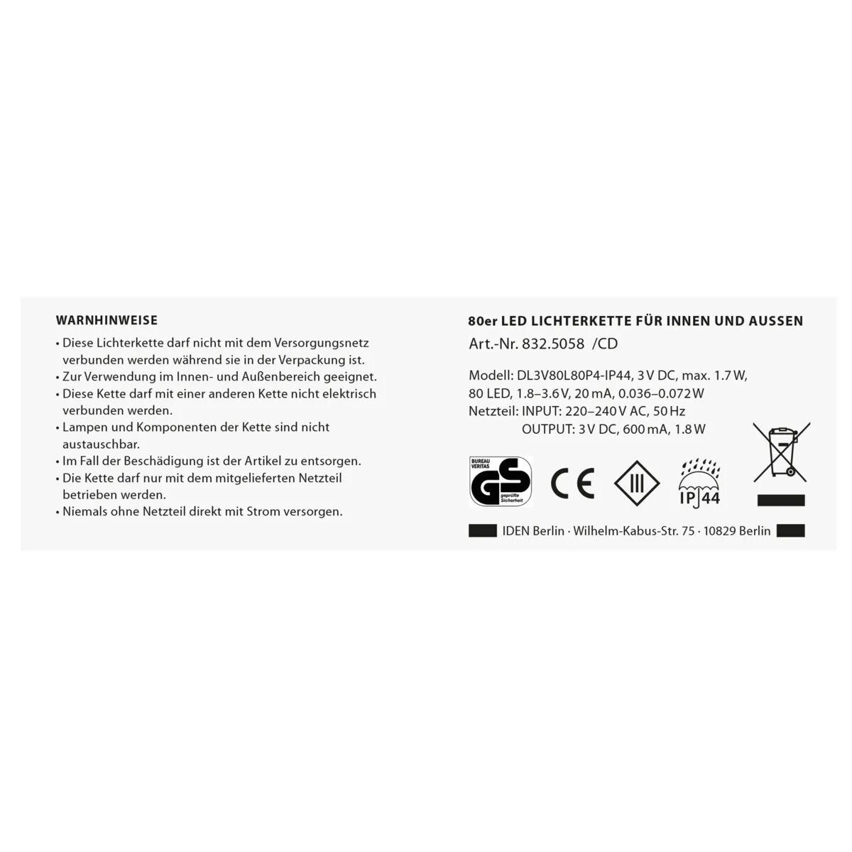 Idena LED Lichterkette, 80er warm weiß, für außen