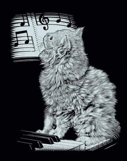 Mammut Kratzbild Katze am Piano, silber